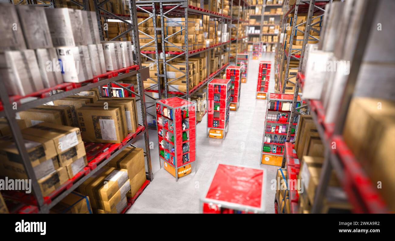 inside a warehouse with robot-automated logistics. 3d render Stock Photo
