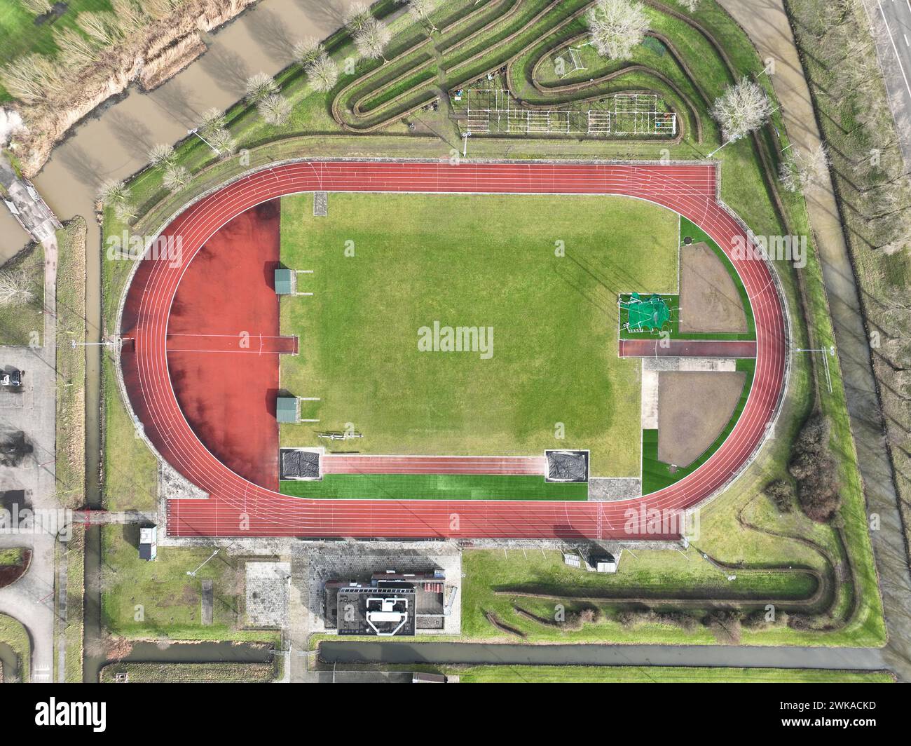 Top down view on a running track layout. Oval athletics track a sports ...