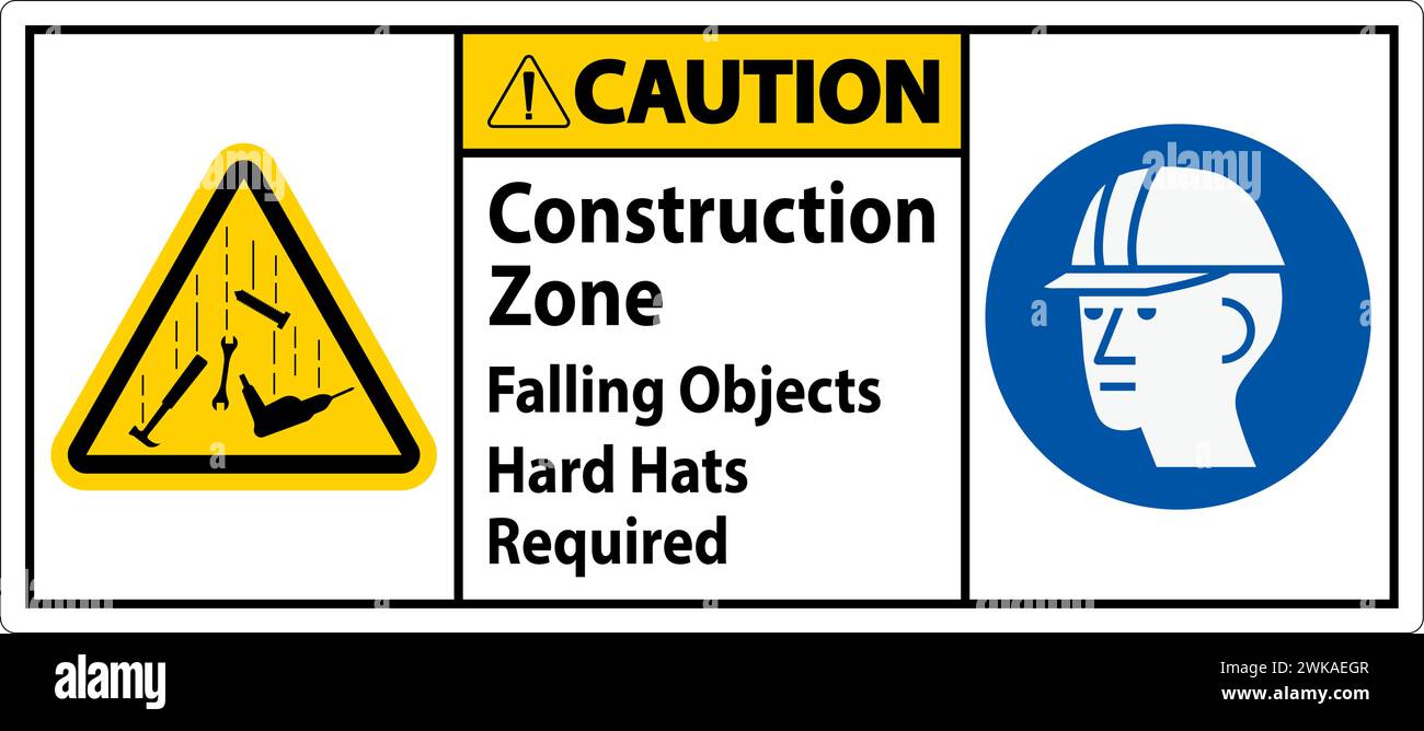 Caution Sign, Construction Zone, Falling Objects Hard Hats Required Stock Vector