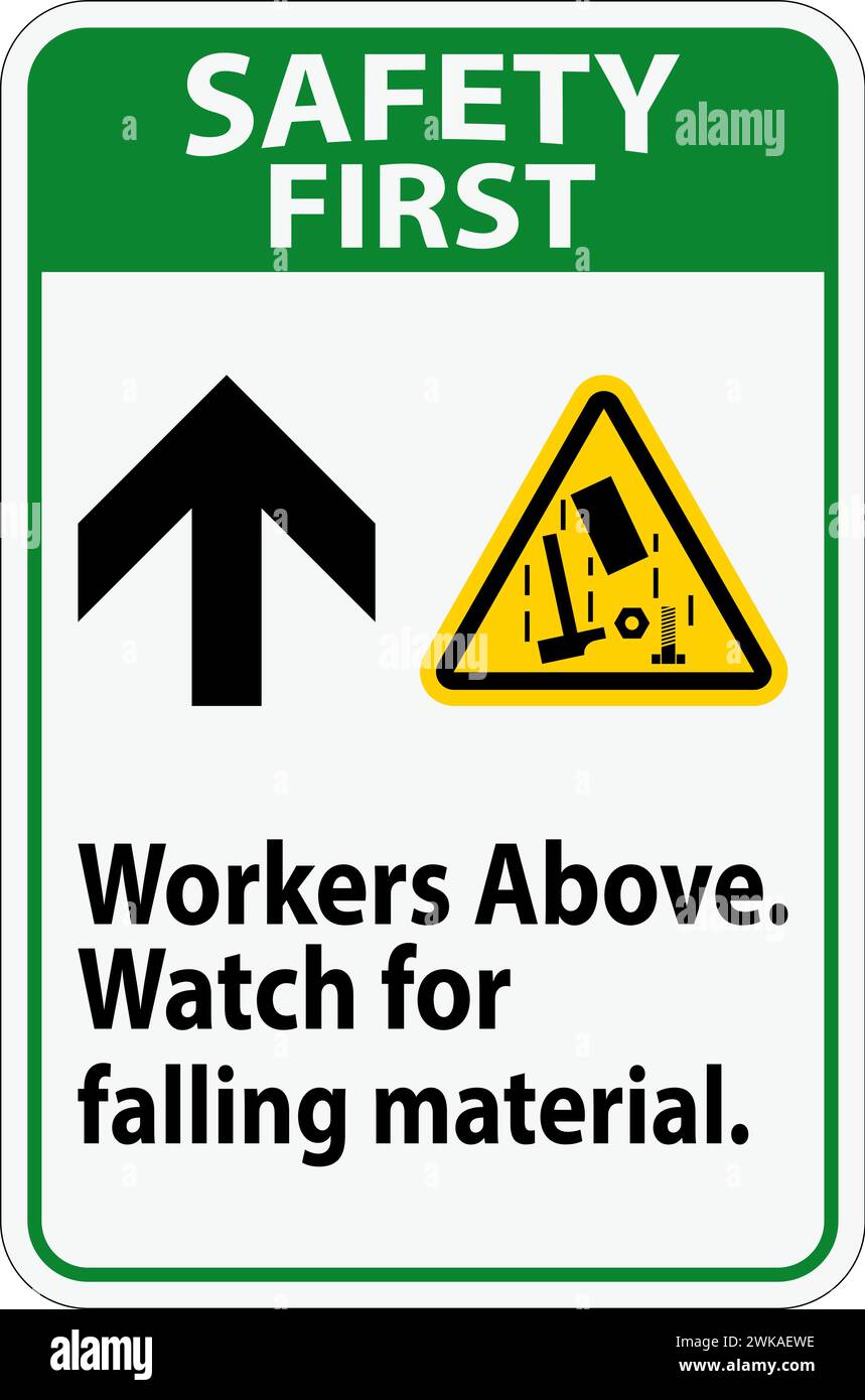 Safety First Sign, Workers Above Falling Material Stock Vector Image ...