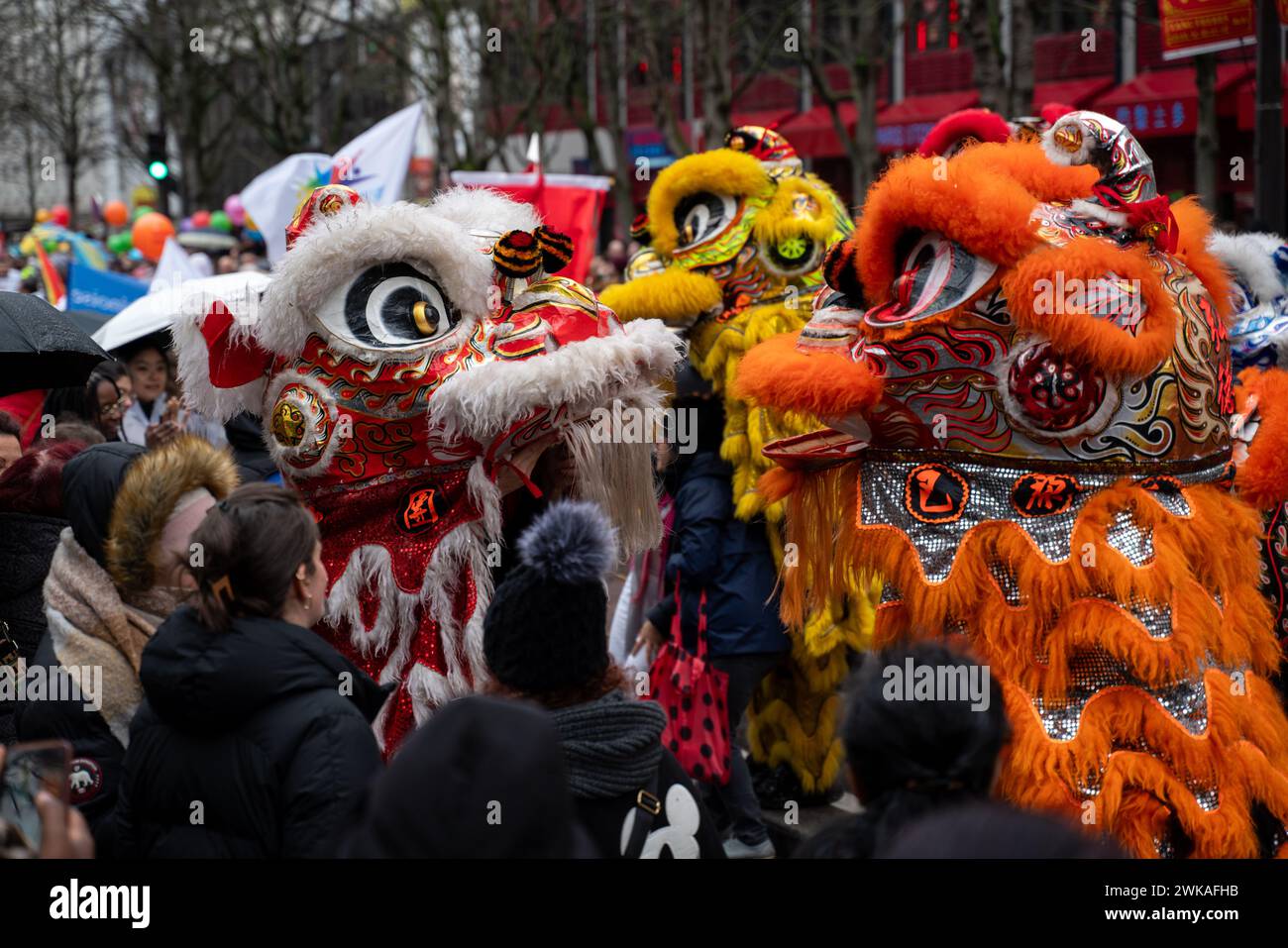Paris, France, 18th February, 2024. Parade in the street to celebrate Chinese New Year of the dragon - Jacques Julien/Alamy Live News Stock Photo