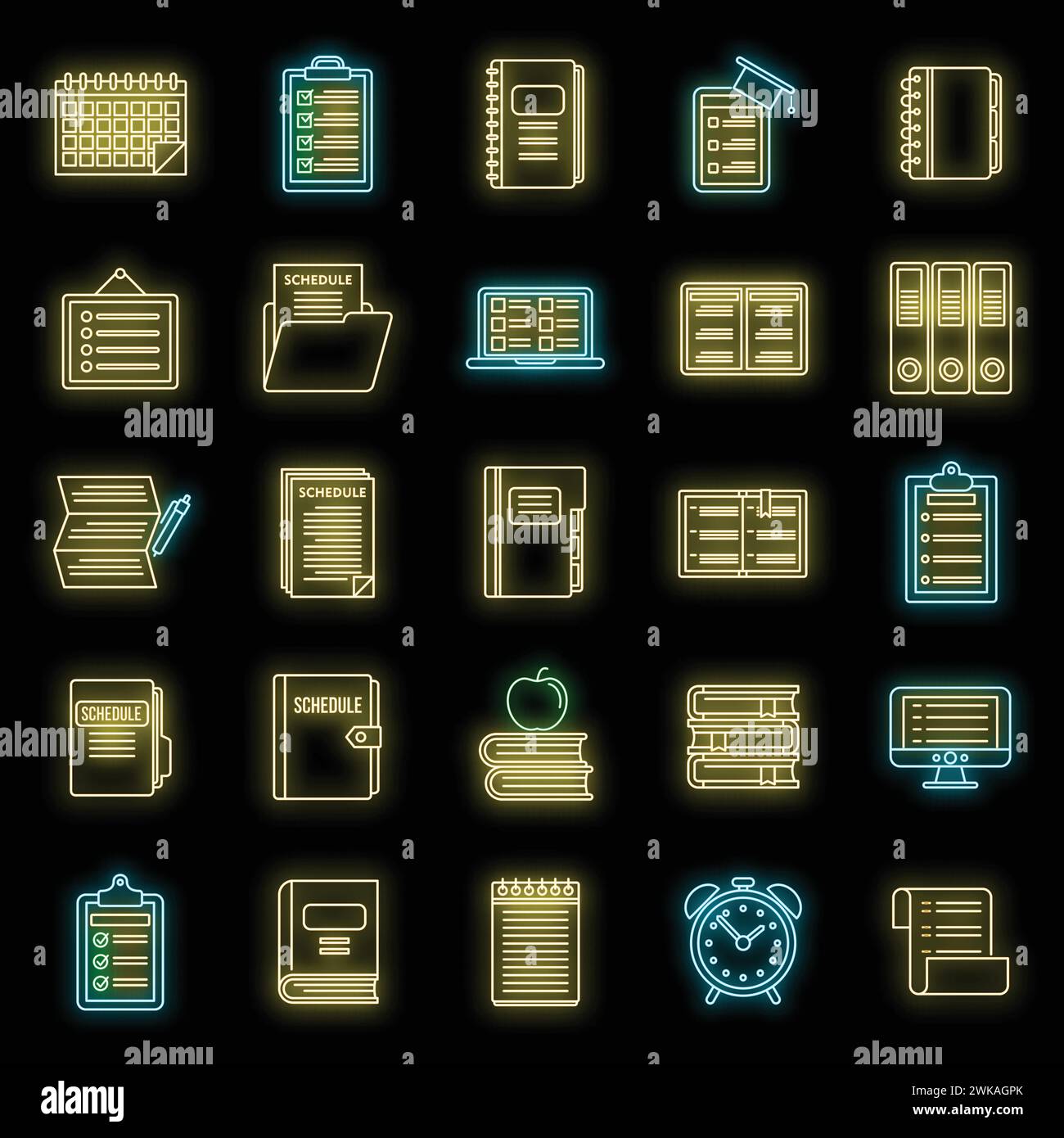 Syllabus week icons set. Outline set of syllabus week vector icons neon color on black Stock Vector