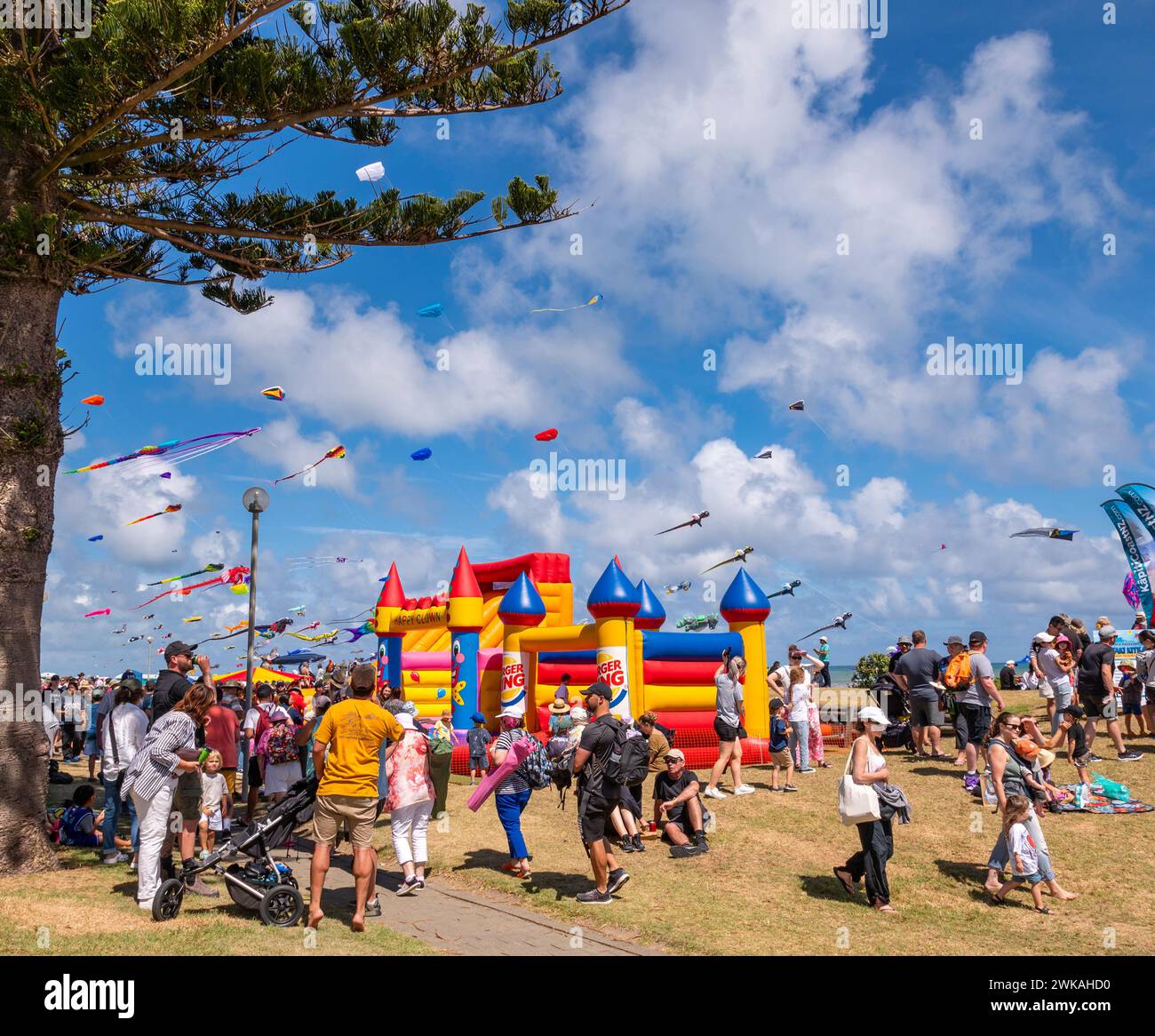 Otaki Beach Kite Festival 2024 with colourful kites flying in a breezy