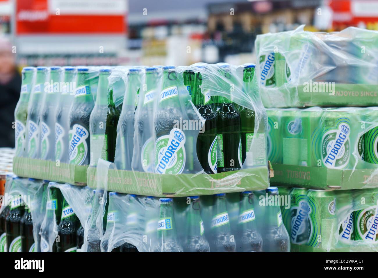 Tyumen, Russia-January 11, 2024: Tuborg alcoholic beer on the shelf in superstore. Canned alcoholic drinks Stock Photo