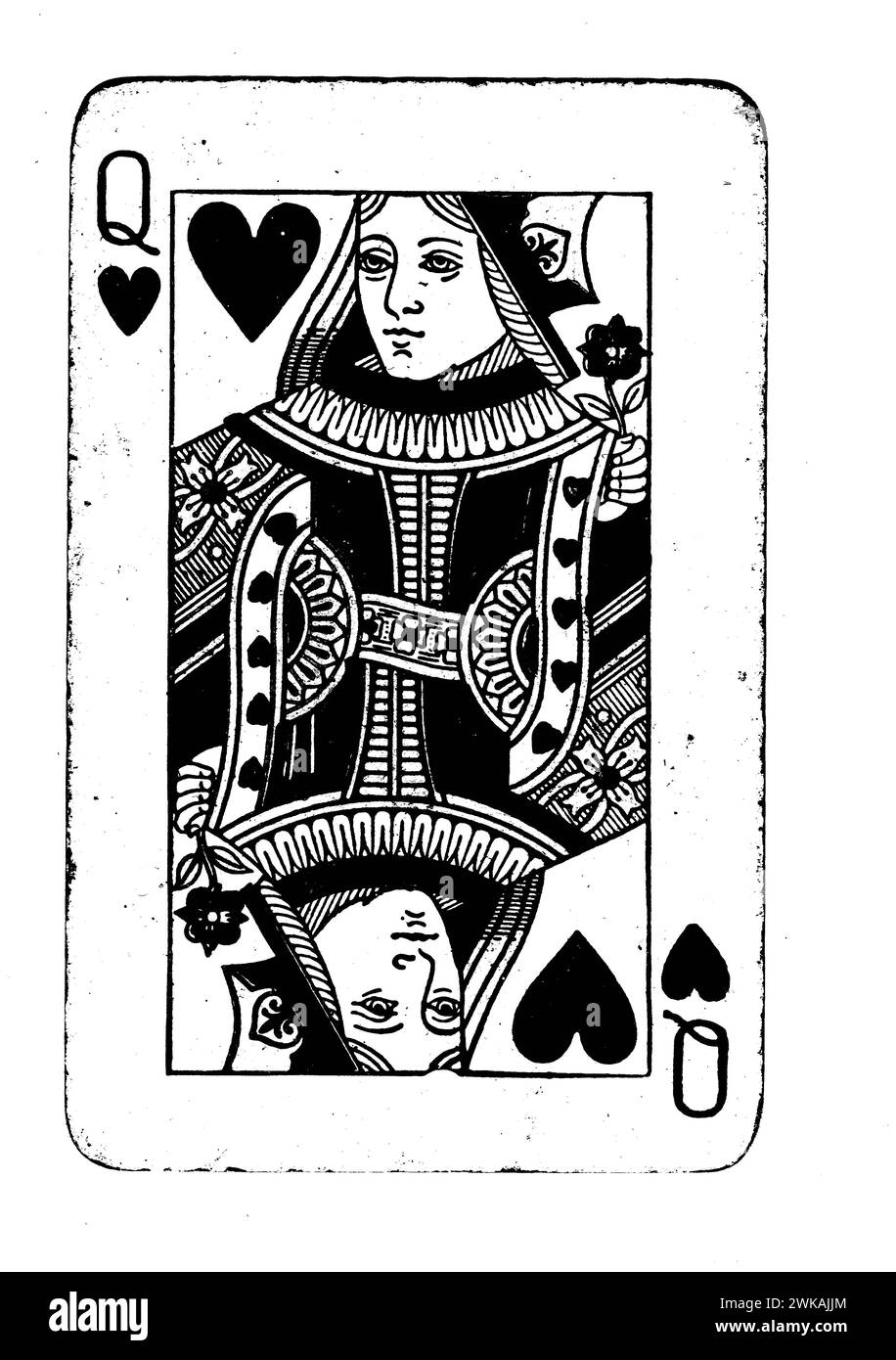 A vintage queen of hearts playing card in black and white isolated on a white background Stock
