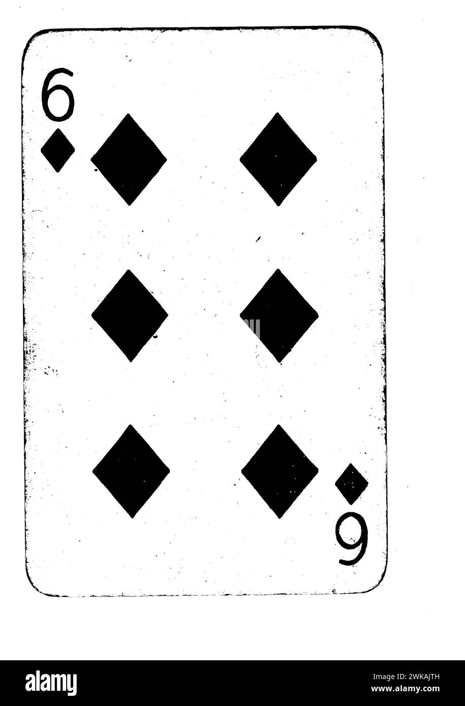 A vintage six of diamonds playing card in black and white isolated on a ...