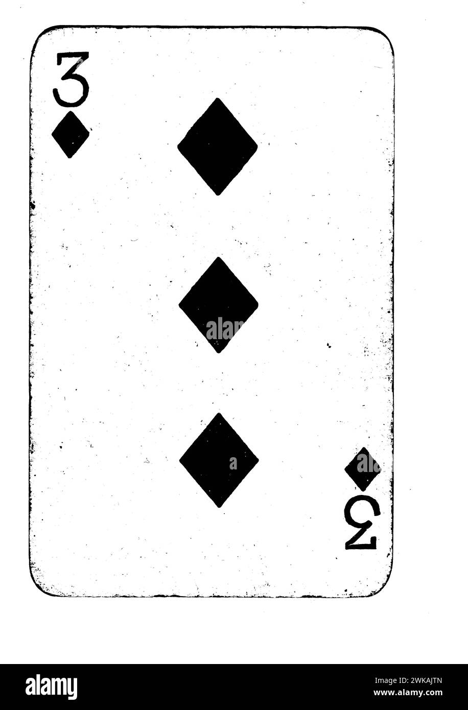 A vintage three of diamonds playing card in black and white isolated on a white background. Stock Photo