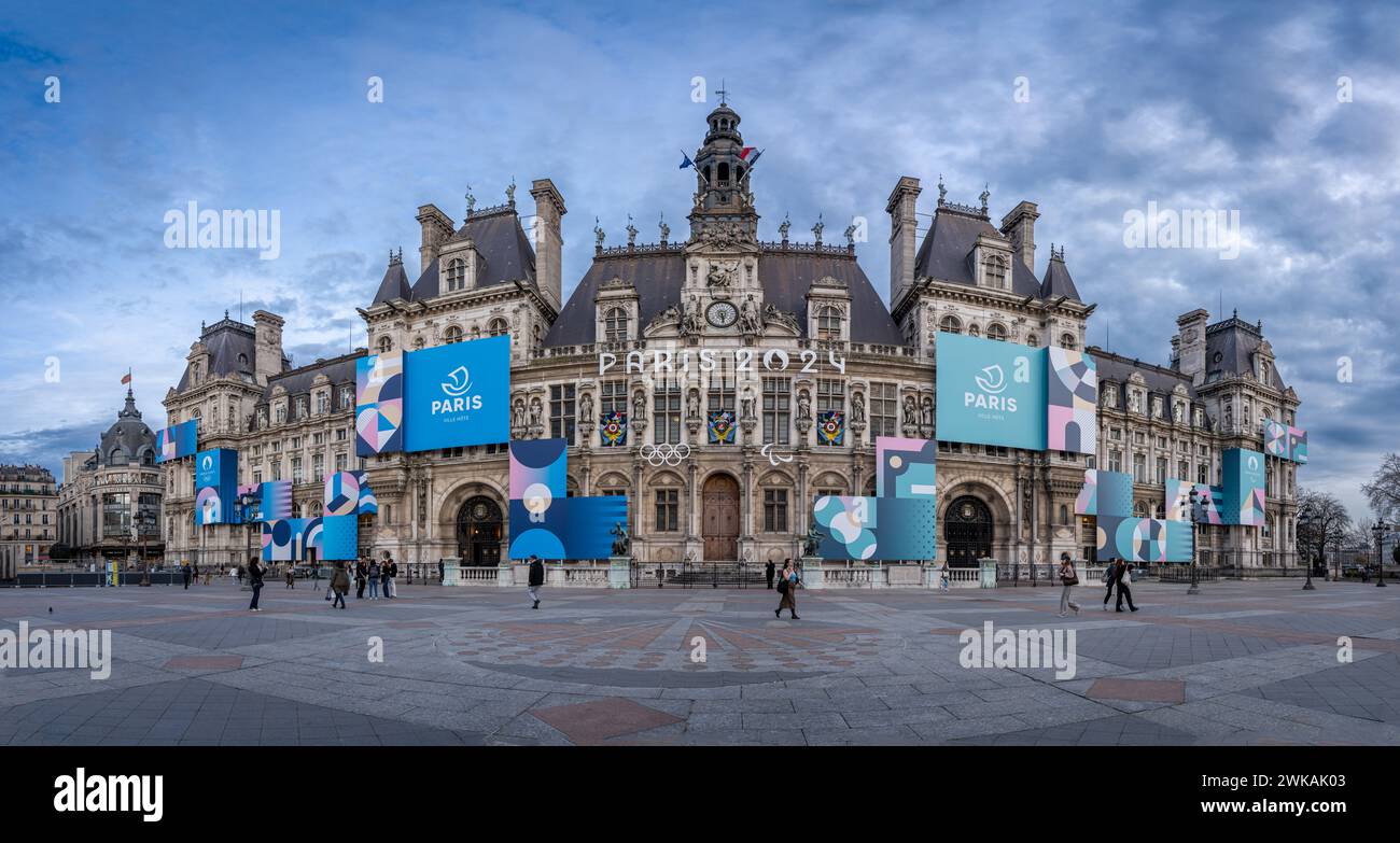 Paris France 02 15 2024 Paris City Hall View Of The Colorful City   Paris France 02 15 2024 Paris City Hall View Of The Colorful City Hall Building With The Olympic Rings And Paris 2024 Symbol 2WKAK03 