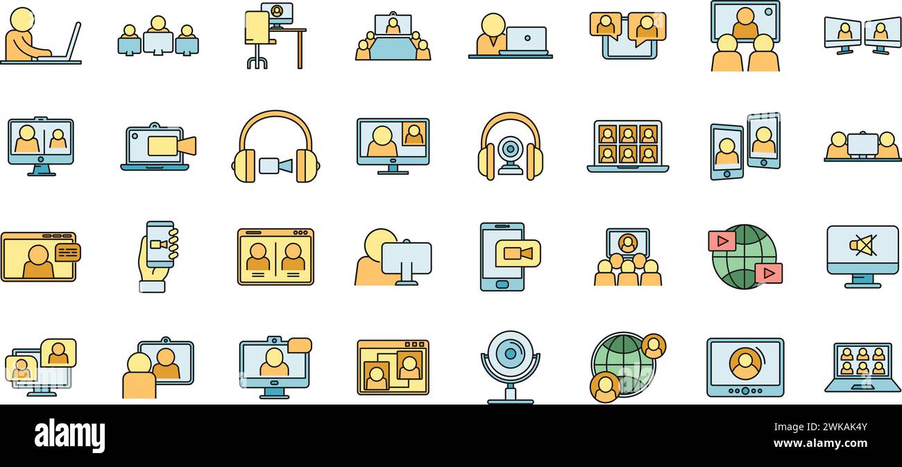 Live online meeting icons set. Outline set of live online meeting vector icons thin line color flat on white Stock Vector