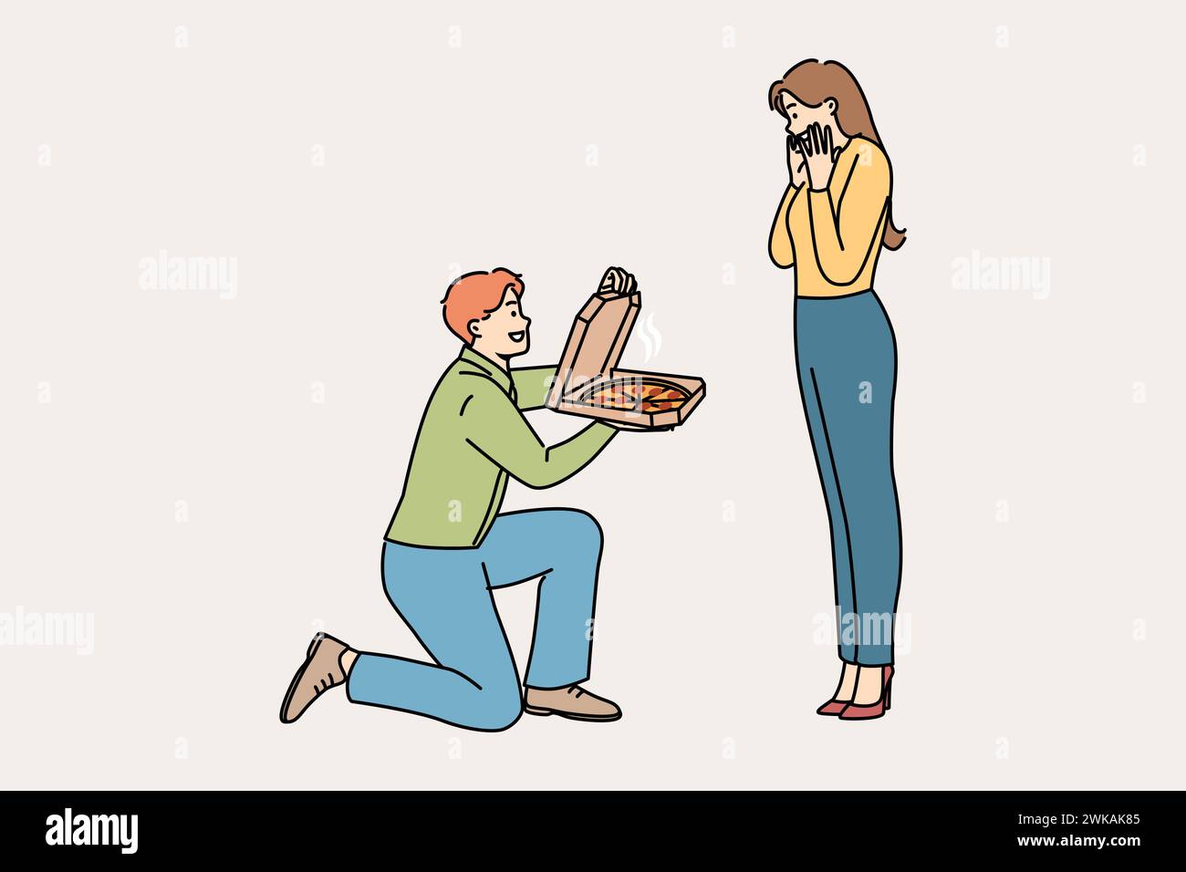 Man gives pizza to beloved, standing on knee and delighting girlfriend with fresh food from italian restaurant. Cheerful boyfriend proposes marriage to girl, with pizza instead of wedding ring Stock Vector