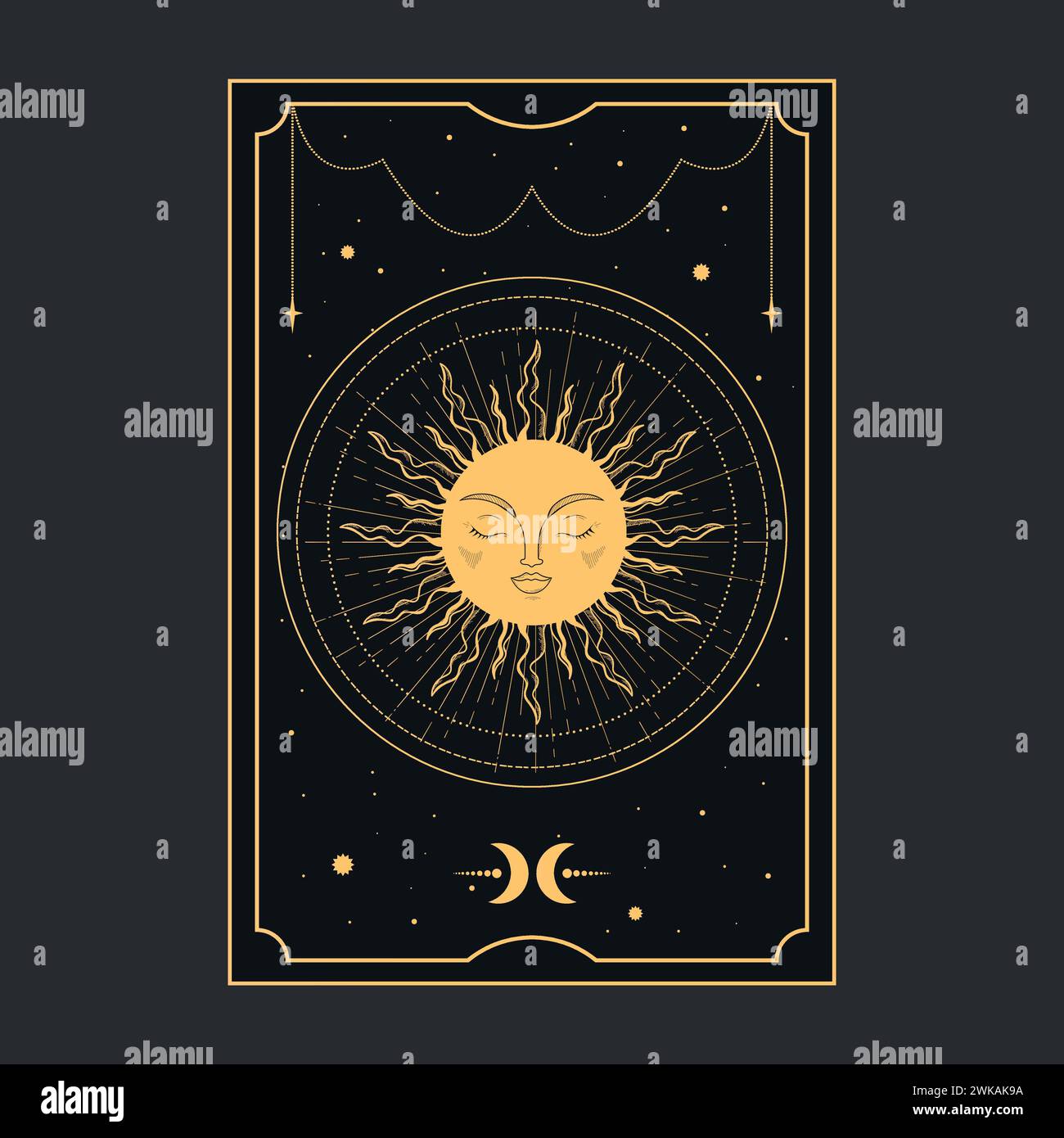 Golden Tarot card with a magical sun. Tarot symbolism. Mystery, astrology, esoteric. Vector illustration Stock Vector