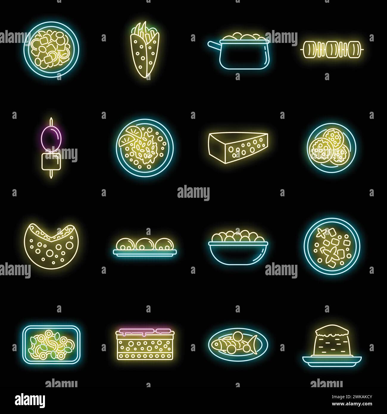 Travel Greece food icons set. Outline set of Travel Greece food vector icons neon color on black Stock Vector