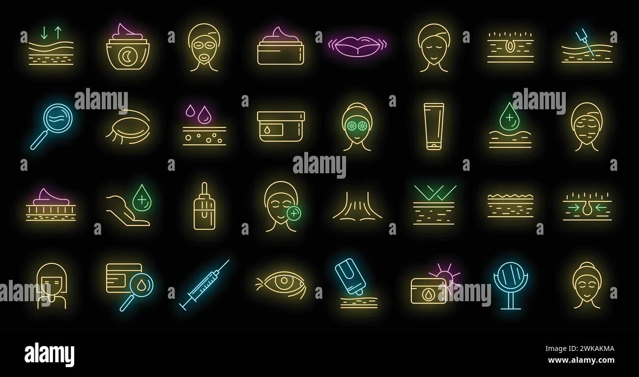 Wrinkles icons set. Outline set of wrinkles vector icons neon color on black Stock Vector