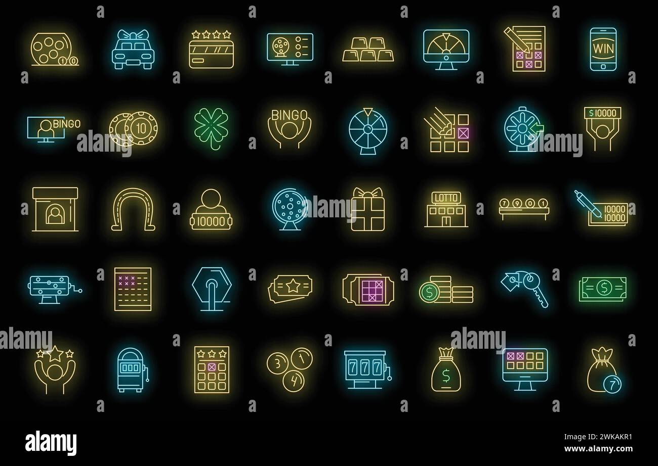 Lottery icons set. Outline set of lottery vector icons neon color on black Stock Vector