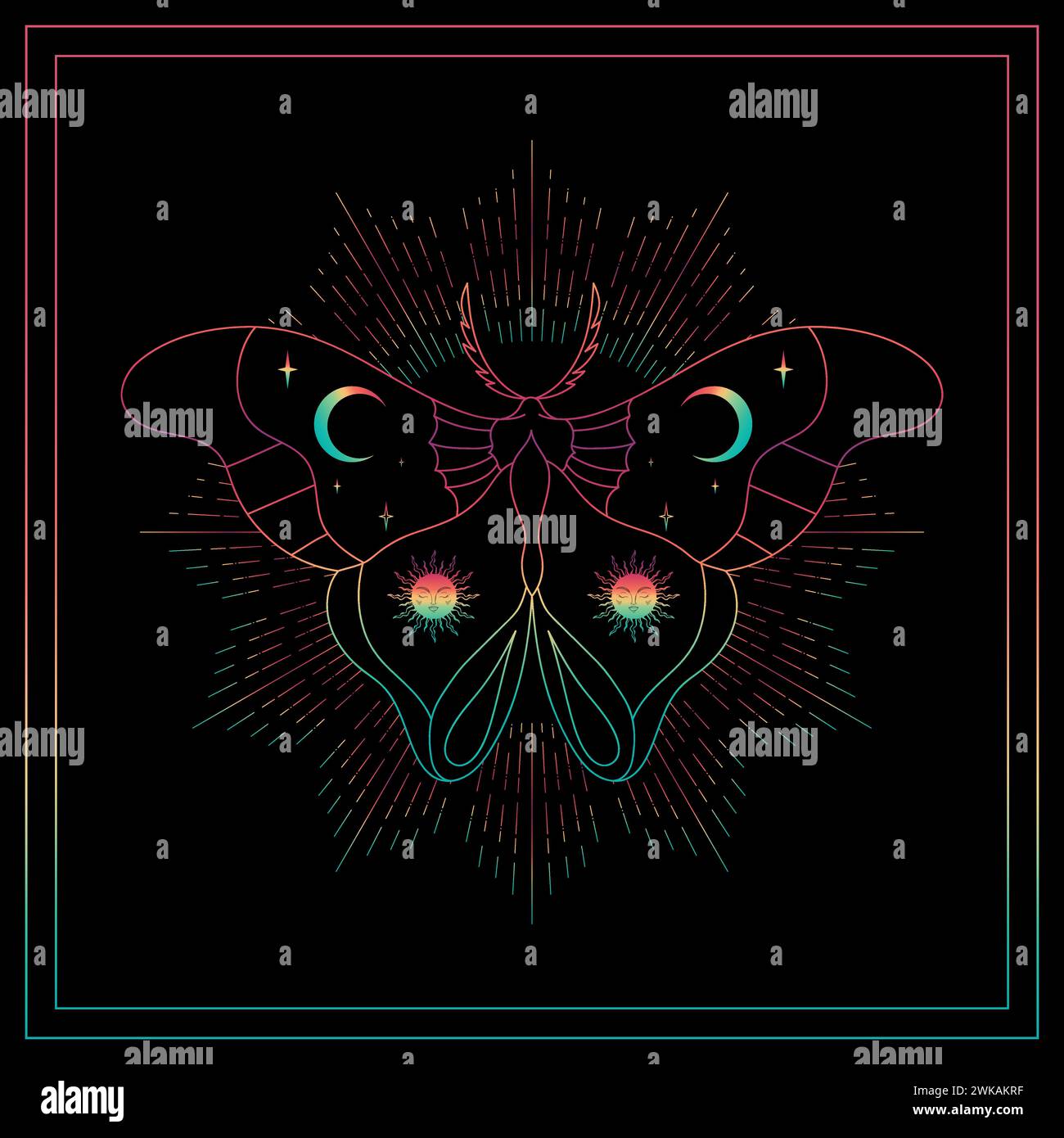 Rainbow colored celestial background with shiny butterfly. Vector illustration Stock Vector