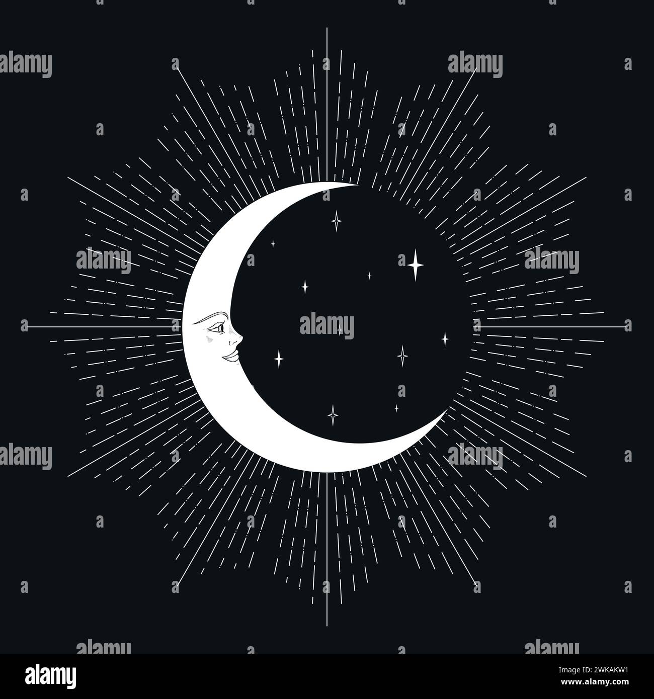 Celestial background with a shiny crescent and stars. Monochrome