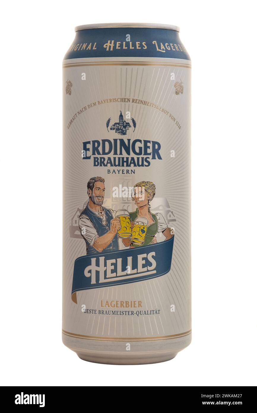 can of erdinger helles lager beer cut out on white background Stock Photo