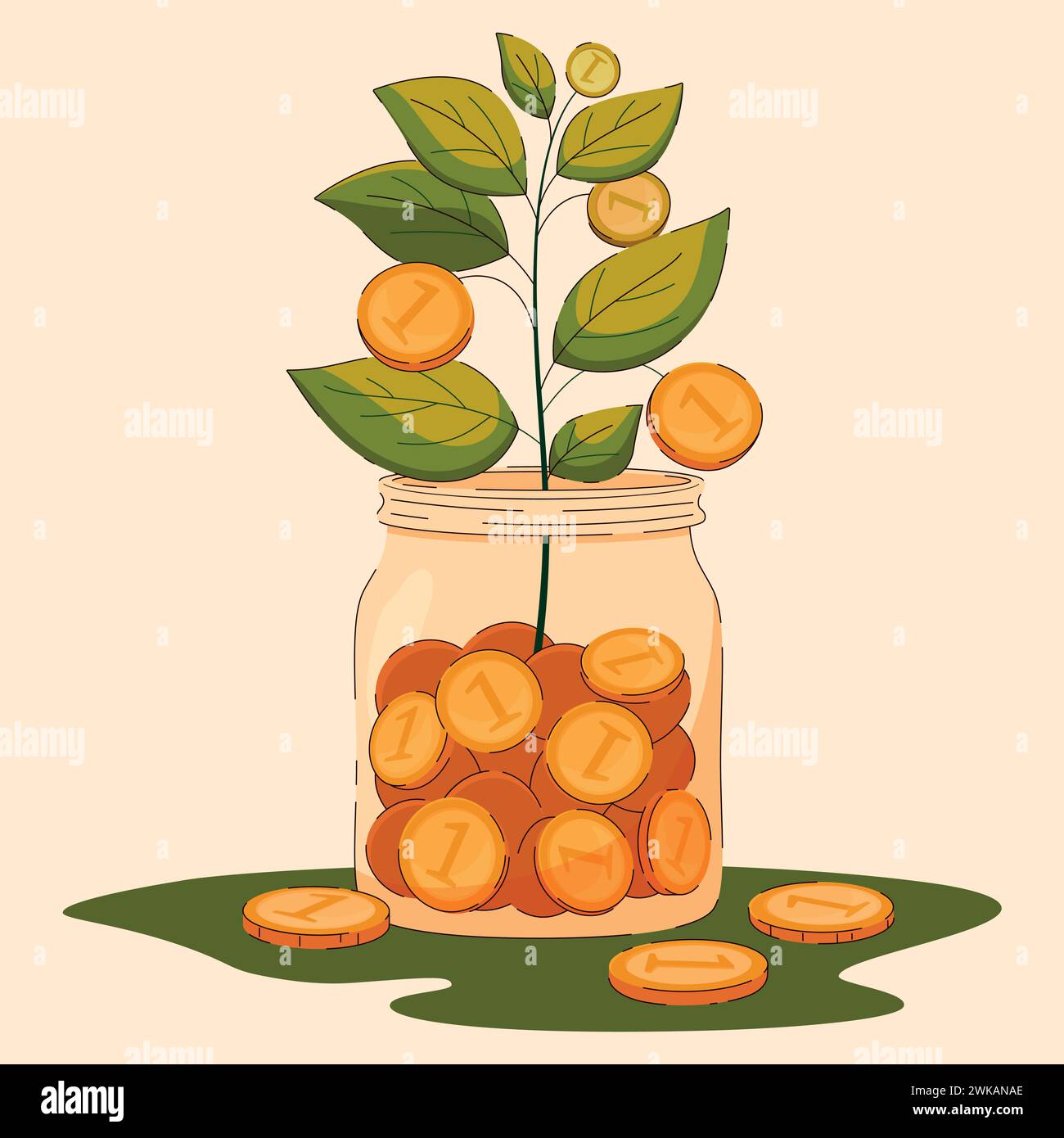 A glass jar filled with coins and a money tree growing from it symbolizes deposits and bonds Stock Vector