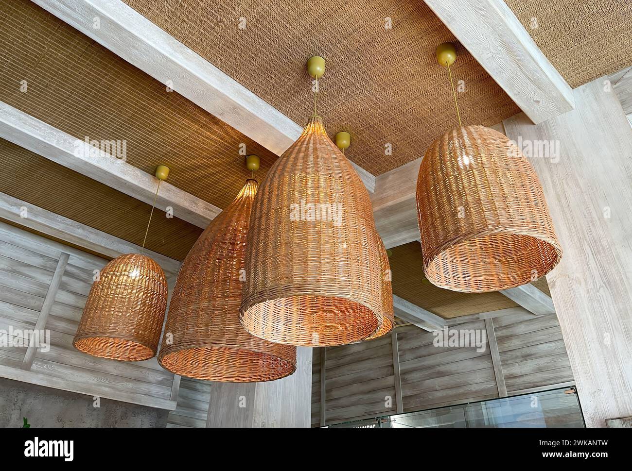 Wicker rattan chandelier, in indonesian style Stock Photo