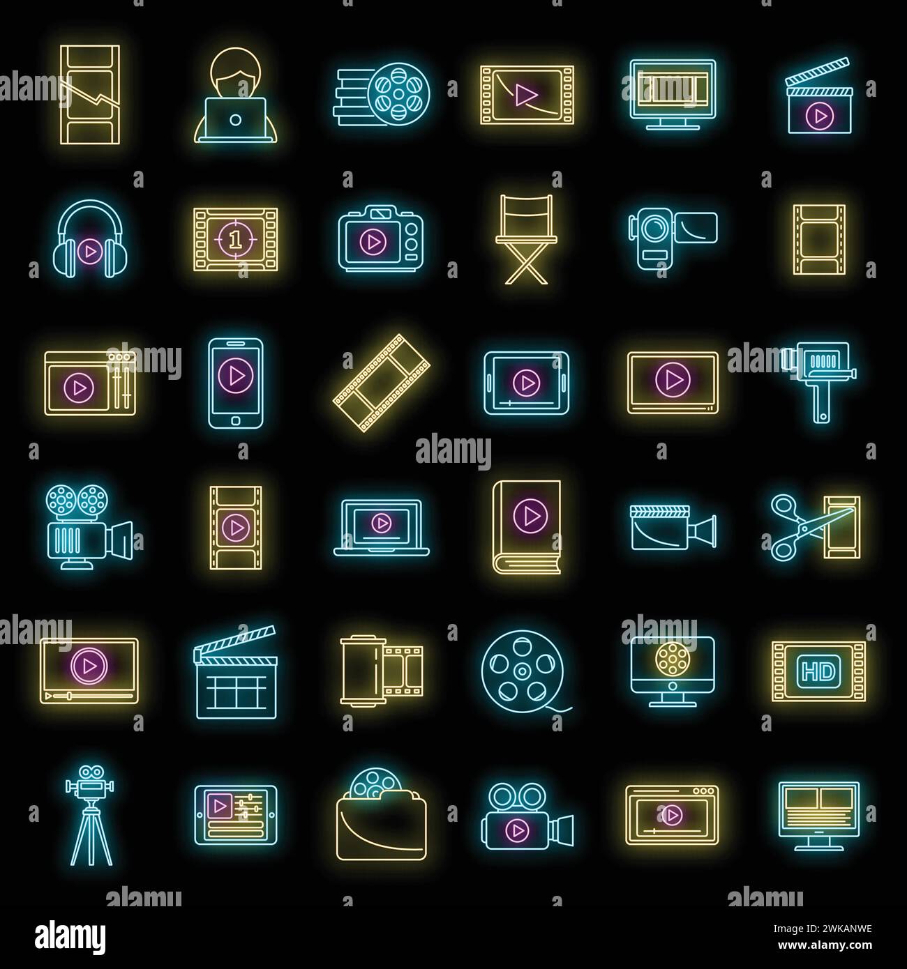 Online video editing icons set outline vector. Video screen player ...