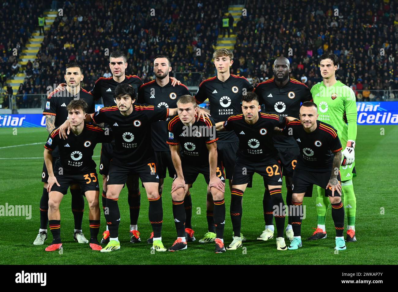 The AS Roma team is posing for the photograph before the Serie A match between Frosinone Calcio and AS Roma at Stadio Benito Stirpe Frosinone Italy on Stock Photo