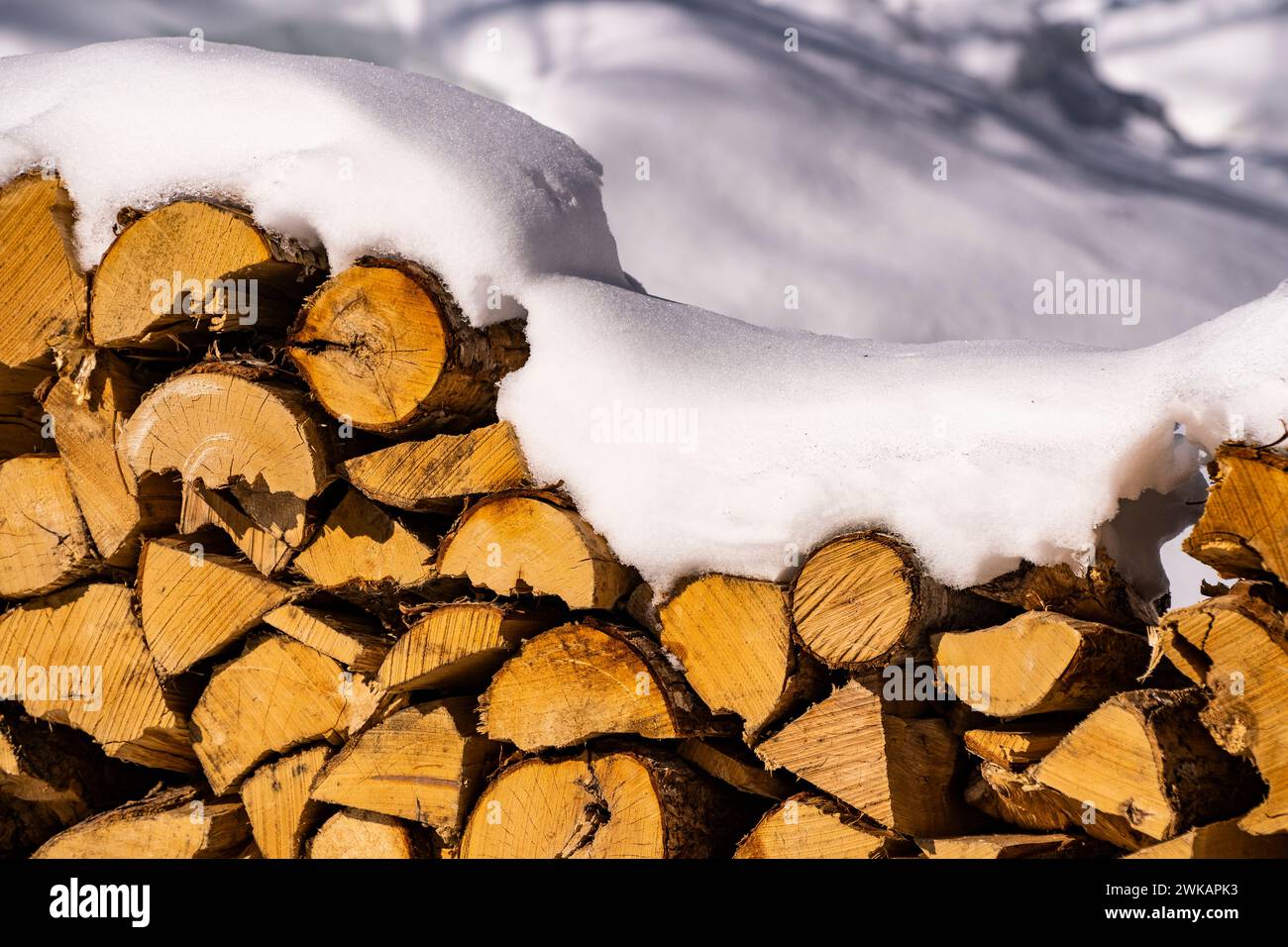 Pile of firewood covered in snow during winter. Stock Photo