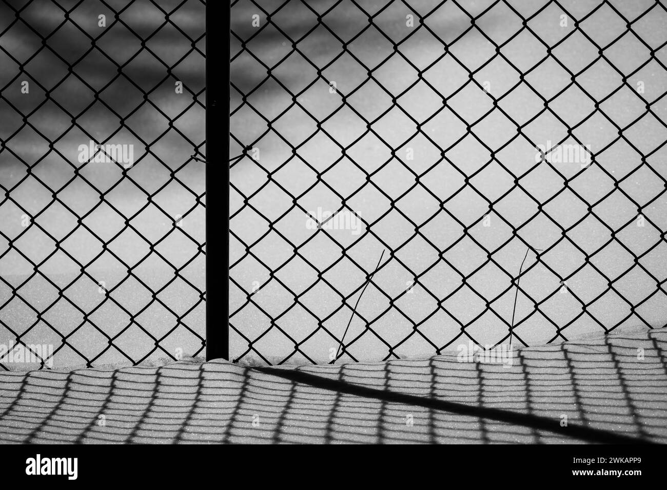 Shadows of a chain link fence on snow in winter. Stock Photo