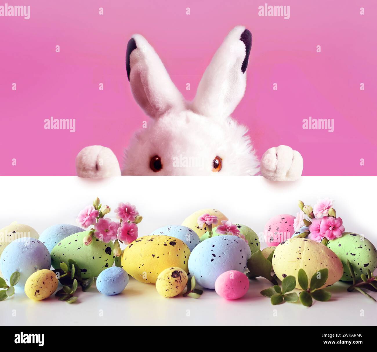 White easter rabbit with colors easter eggs and flowers. Easter concept. Easter bunny. Holiday concept. Stock Photo
