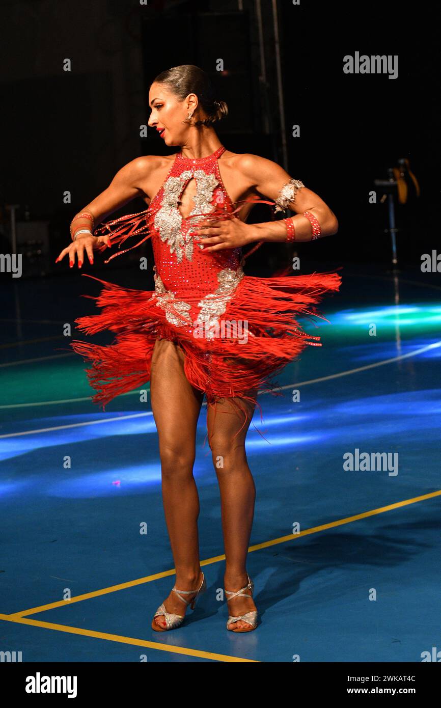 Girls compete in Latin American dancing competition. World dance sport federation event 2023 grand prix Stock Photo