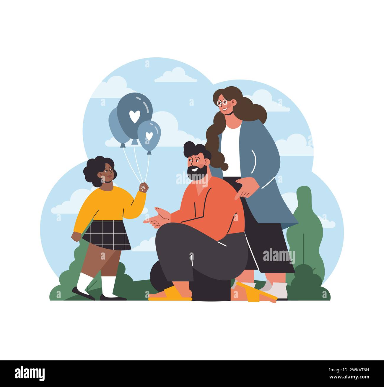 Harmony in Diversity. A joyful blended family enjoys a peaceful moment outdoors, highlighting the bond and unity of diverse modern families. Child with balloons. Scenic backdrop. Flat vector. Stock Vector