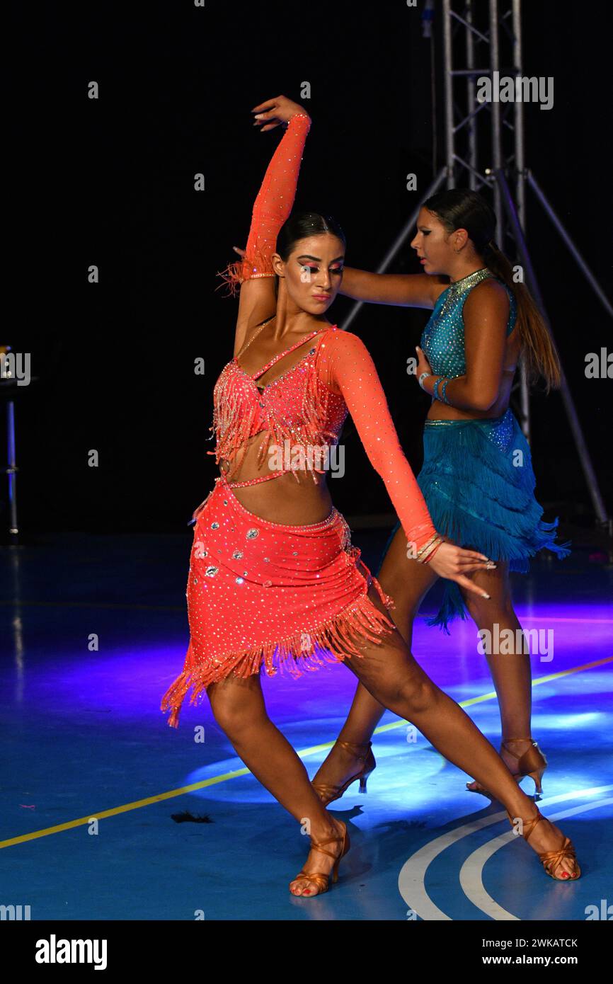 Girls compete in Latin American dancing competition. World dance sport federation event 2023 grand prix Stock Photo