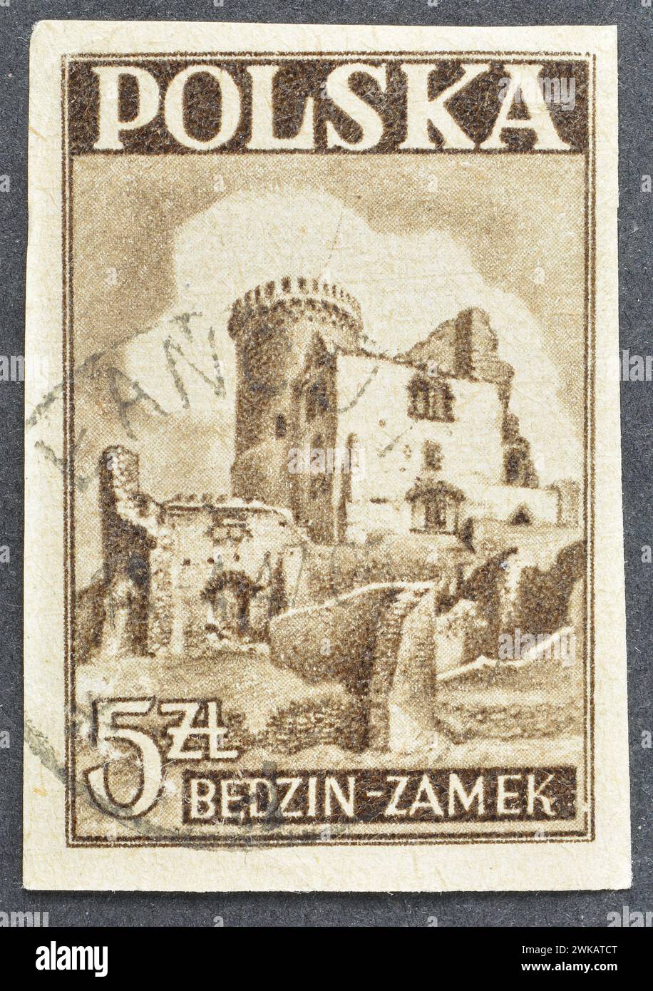 Cancelled postage stamp printed by Poland, that shows Ruins of Bedzin Castle, circa 1946. Stock Photo