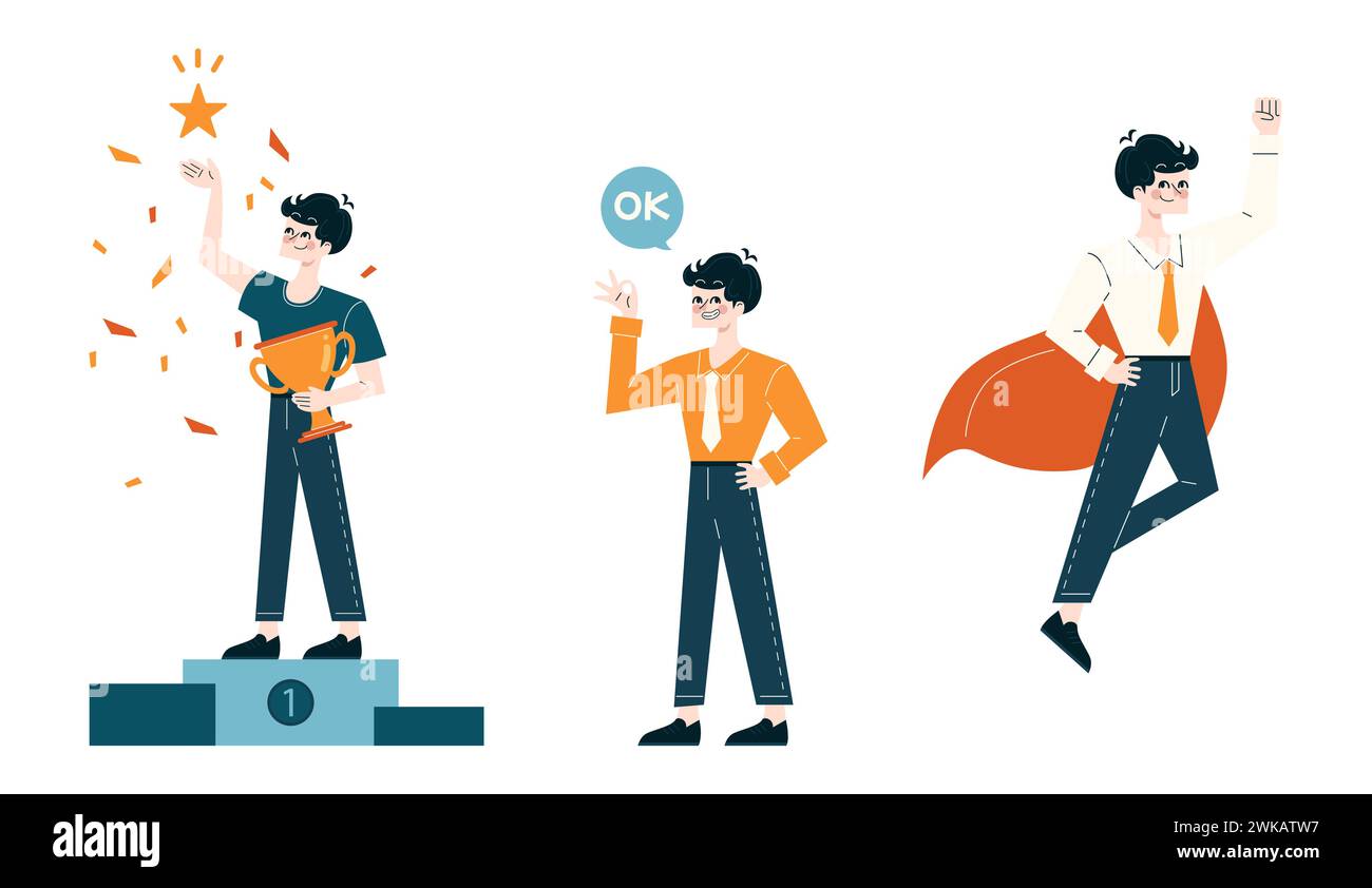 Achievement and Confidence set. A person celebrating a win with a trophy, showing a positive gesture, and wearing a superhero cape. Success in personal and professional growth. Flat vector Stock Vector