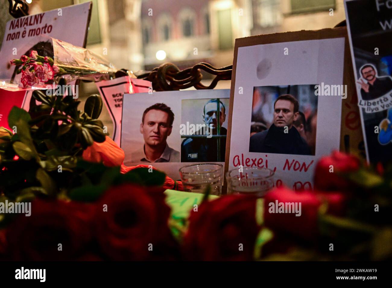 Milan, Italy - February 19, 2024: flowers and candles during a vigil in honor of late Russian opposition leader Alexei Navalny following his death in a Russian Arctic prison. Credit: Piero Cruciatti/Alamy Live News Stock Photo