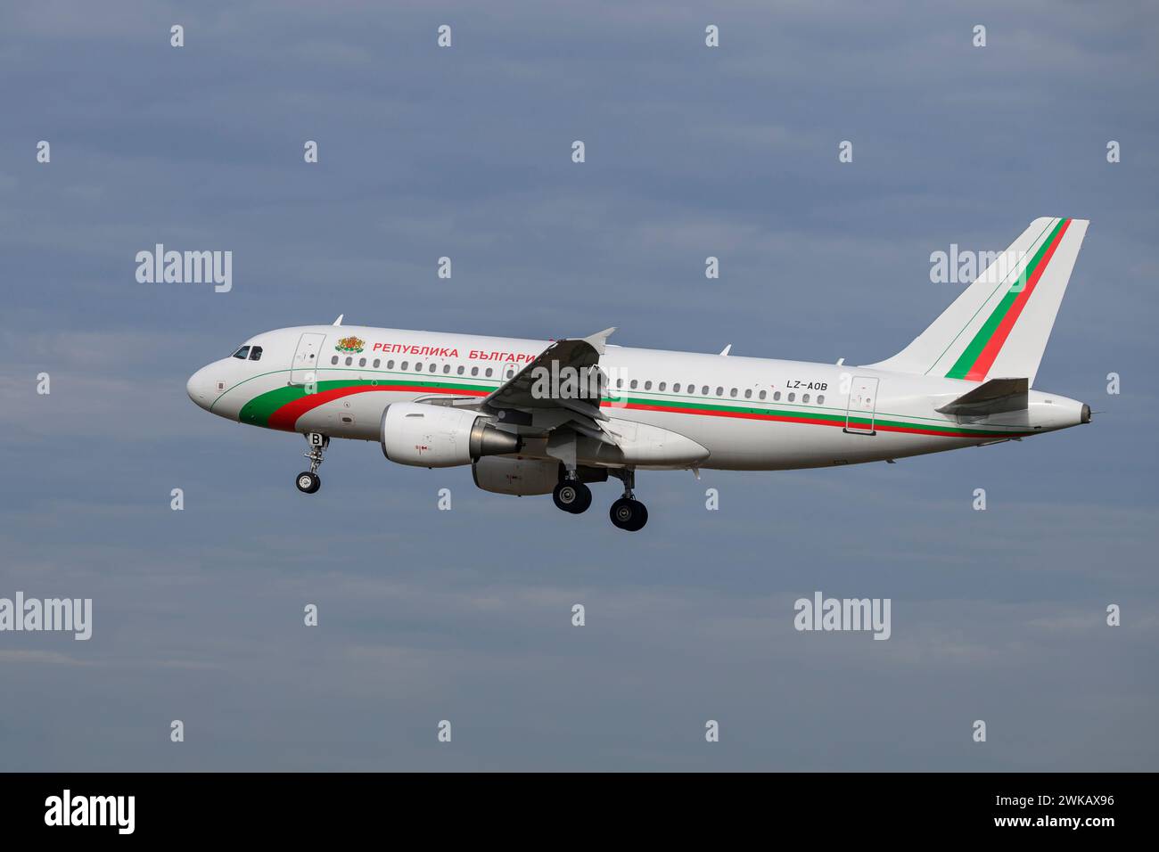 Bulgarian Government Airbus A319-112  with The Aircraft Flag LZ-AOB   lands At The Munich Security Conference 2024,   on The Southern Runway 26L Of Mu Stock Photo