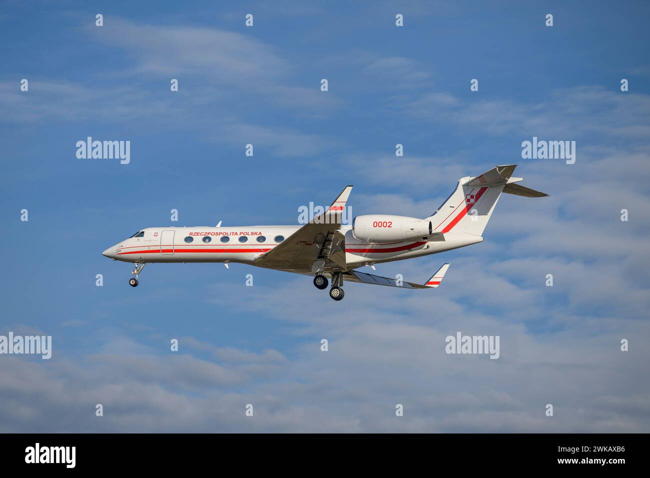 Polish Air Force Gulfstream G550  with The Aircraft Number 0002   lands At The Munich Security Conference 2024,   on The Southern Runway 26L Of Munich Stock Photo