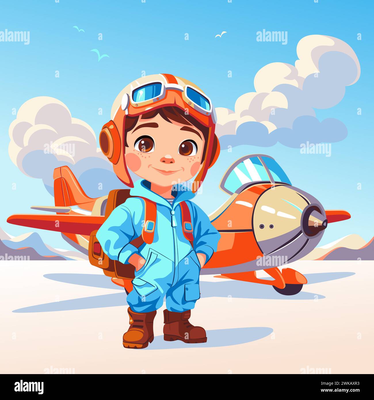 Cartoon kid pilot standing near old airplane with aviator goggles and happy smiling Stock Vector