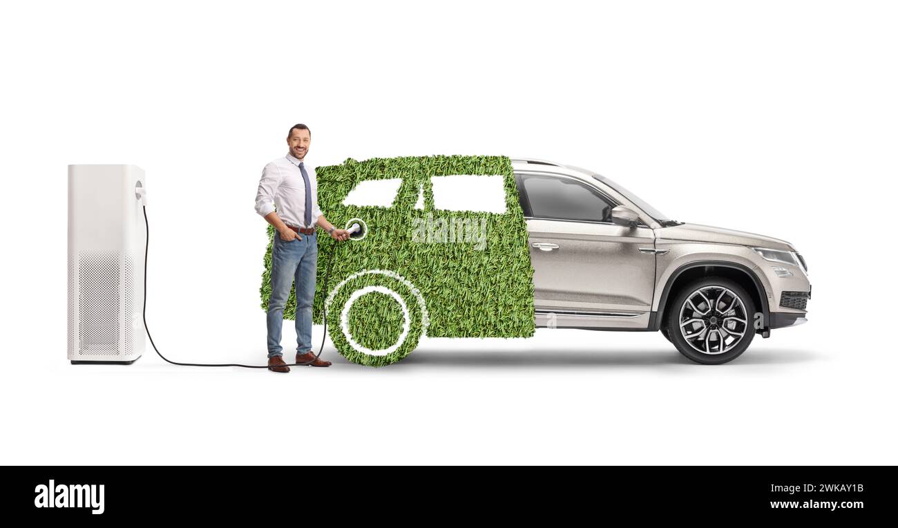 Businessman charging his green hybrid vehicle isolated on white background Stock Photo