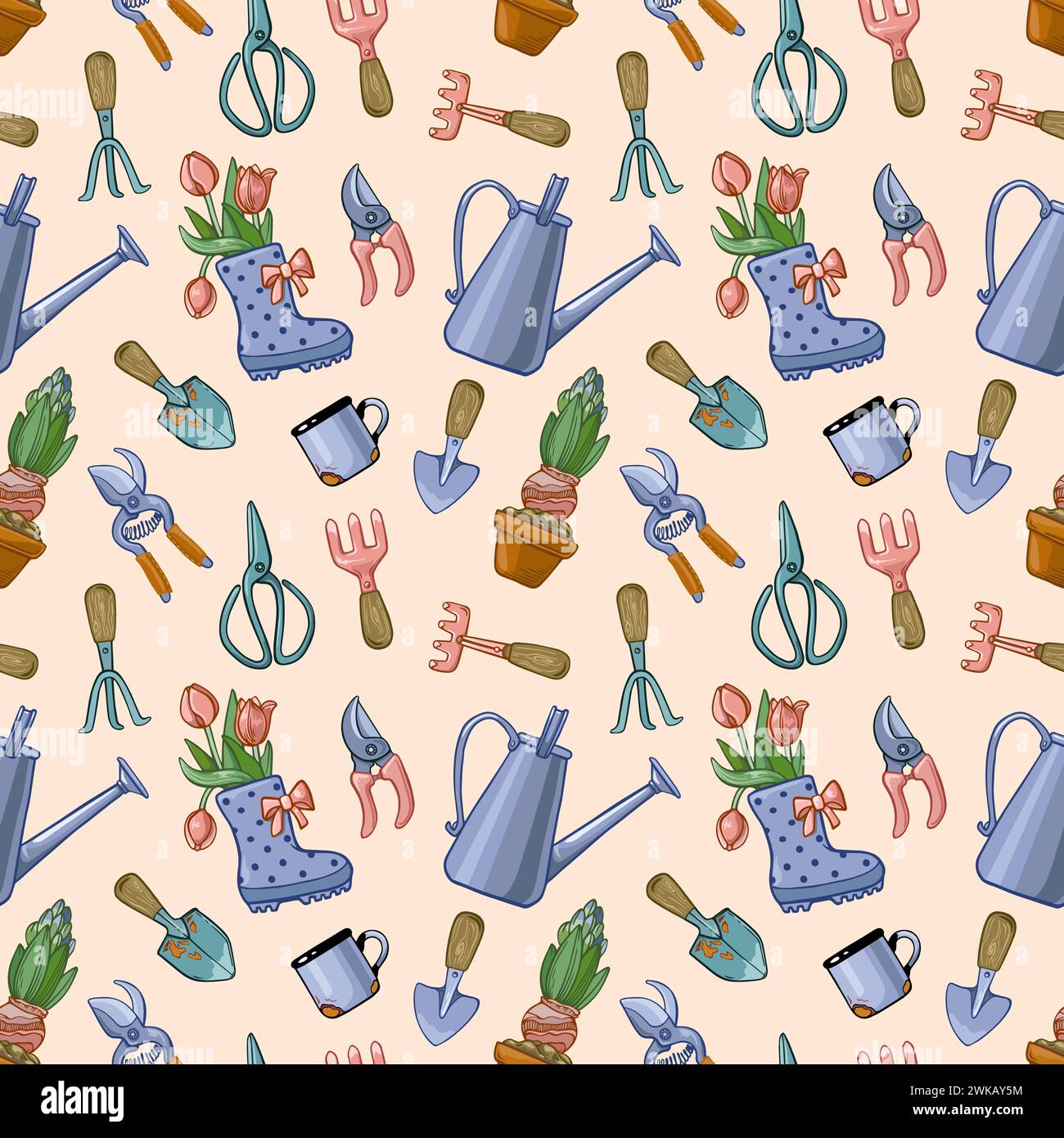 Seamless square pattern with garden tools and spring flowers on a light background. Stock Vector