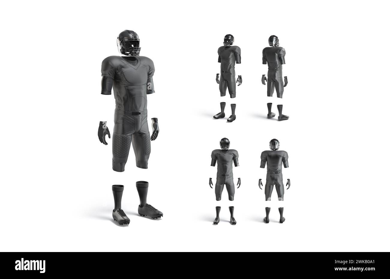 Blank black american football uniform mockup, different views, 3d rendering. Empty professional kit for player number mock up, isolated. Clear sporty Stock Photo