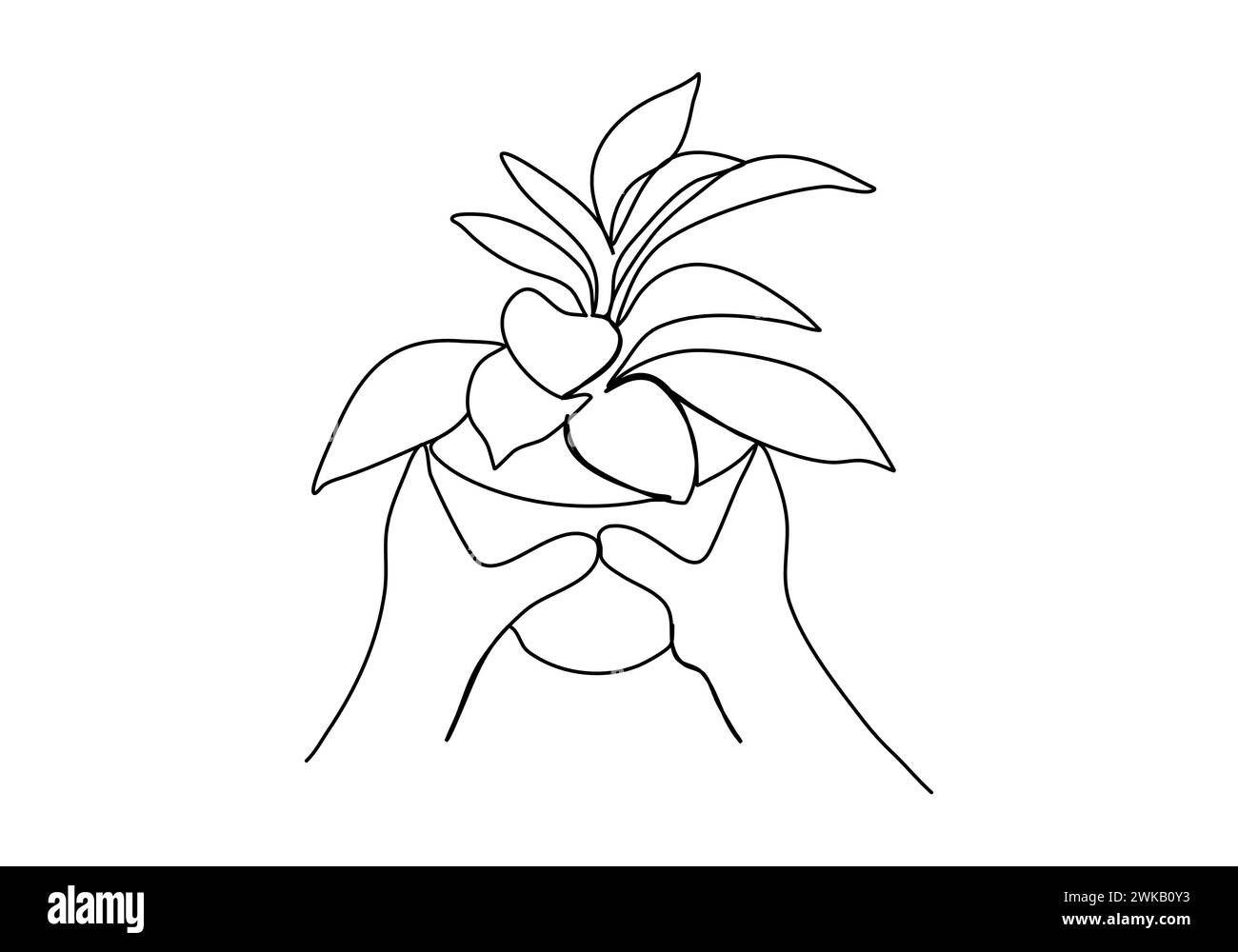 Plant in hands one line drawing vector illustration. Stock Vector