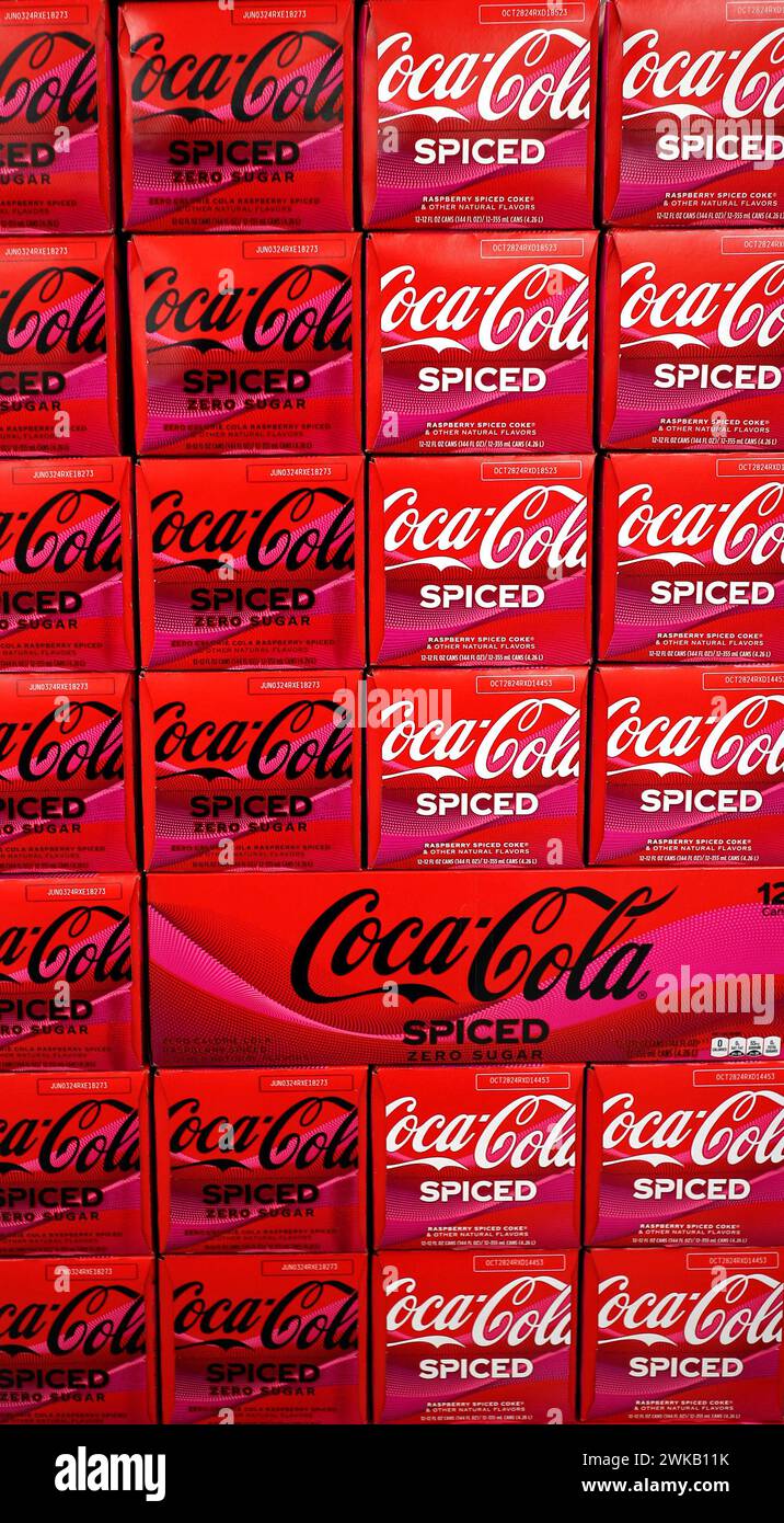 Port Washington, Wisconsin - February 19, 2024: Coke debuts first new flavor in years. Regular and Coke Zero, raspberry and spiced flavors. Now on sto Stock Photo