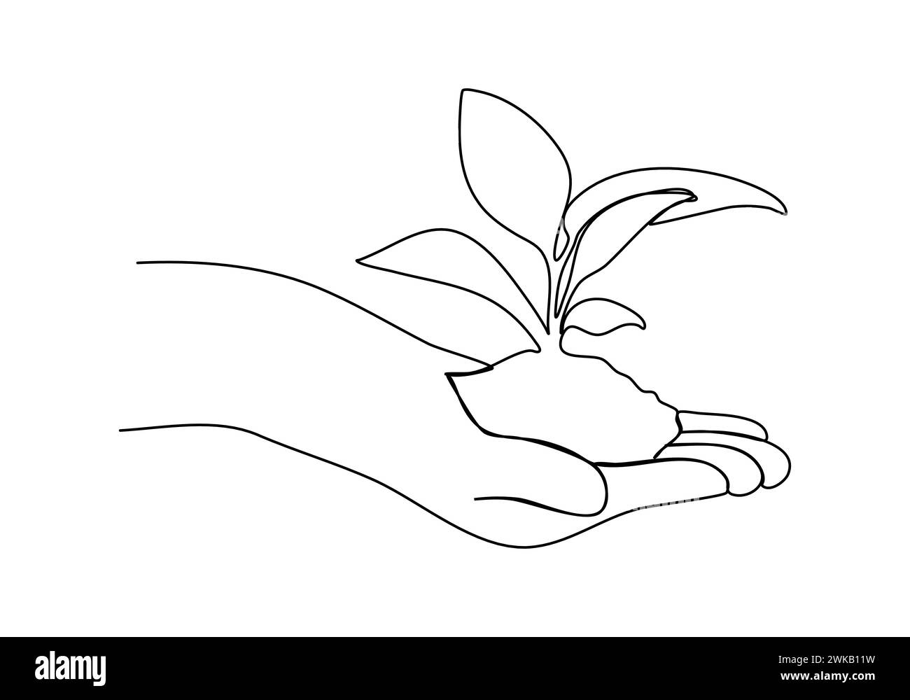 Plant in hands one line drawing vector illustration. Stock Vector