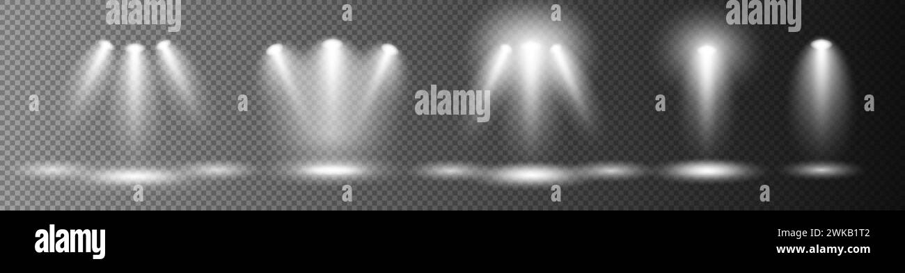 A set of glowing white transparent lighting effects on a dark background. Stock Vector