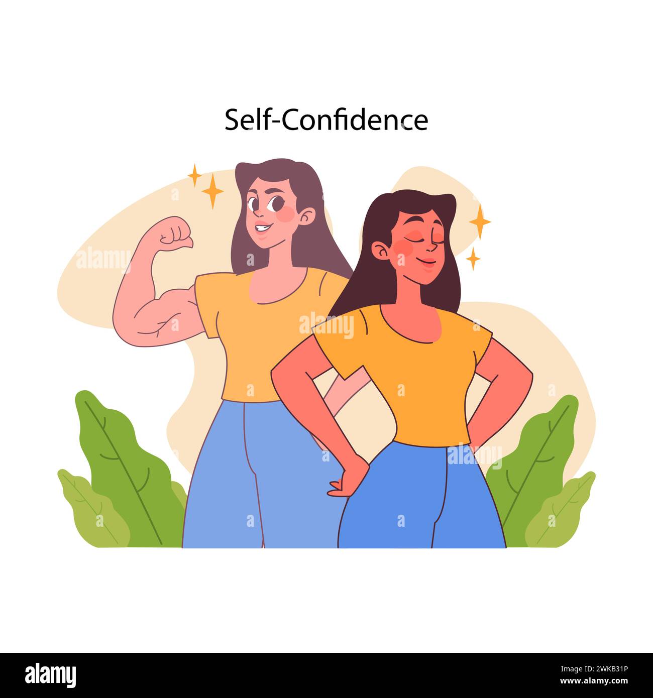 Self-confidence theme. Woman posing confidently while her blurred self shows muscles. Strong self-belief and empowerment. Individual strength and personal assurance. Flat vector illustration Stock Vector
