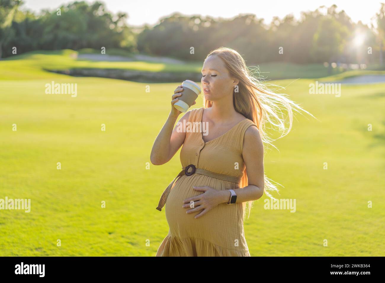 pregnant woman enjoys a cup of coffee outdoors, blending the simple