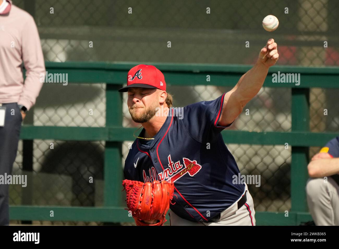 Atlanta Braves pitcher A.J. Minter warms up during spring training in ...