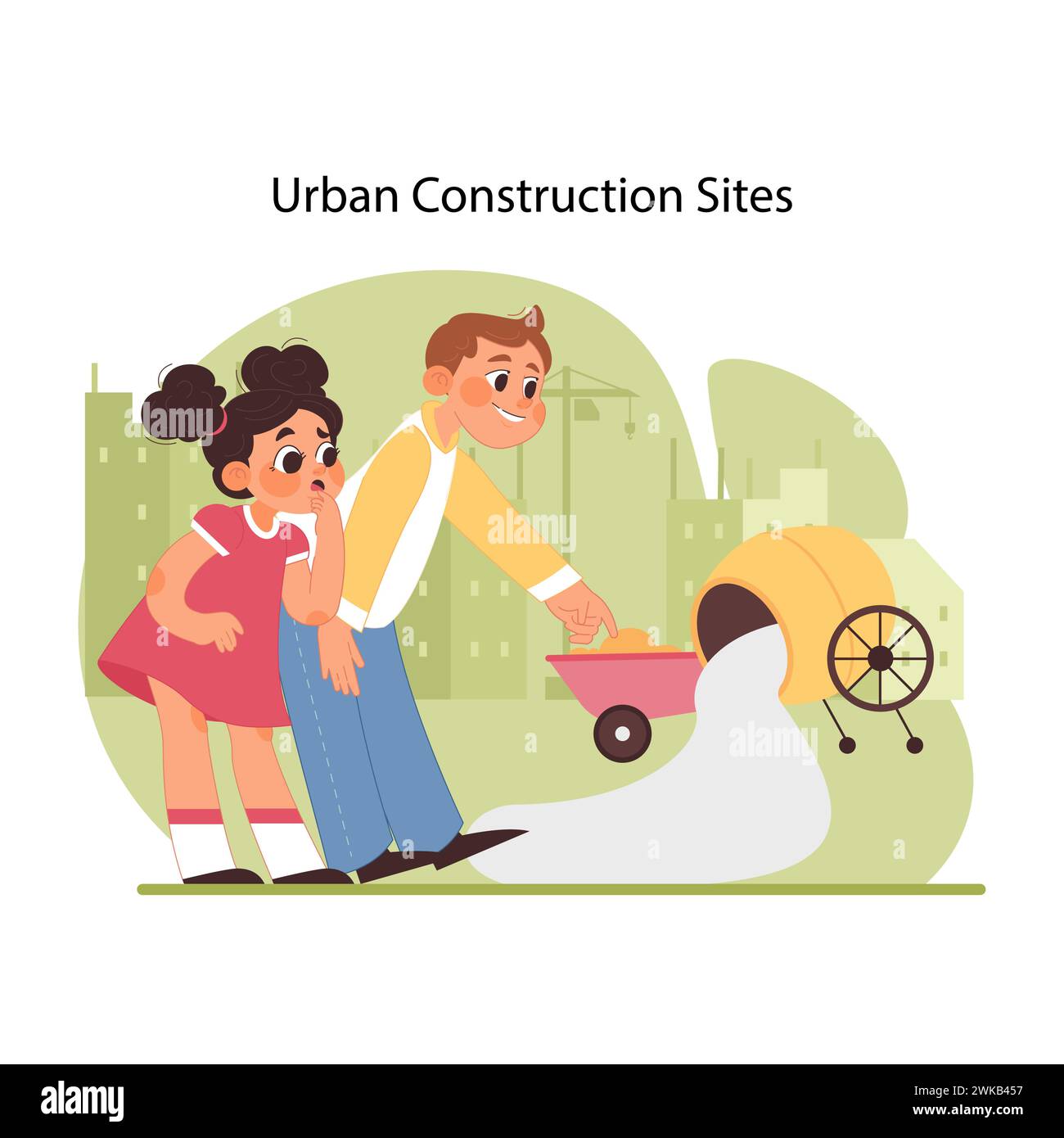 Construction playtime warning. Two curious children observing concrete mixer, mimicking work at urban construction site, unaware of potential dangers around them. Preventing injuries. Flat vector Stock Vector