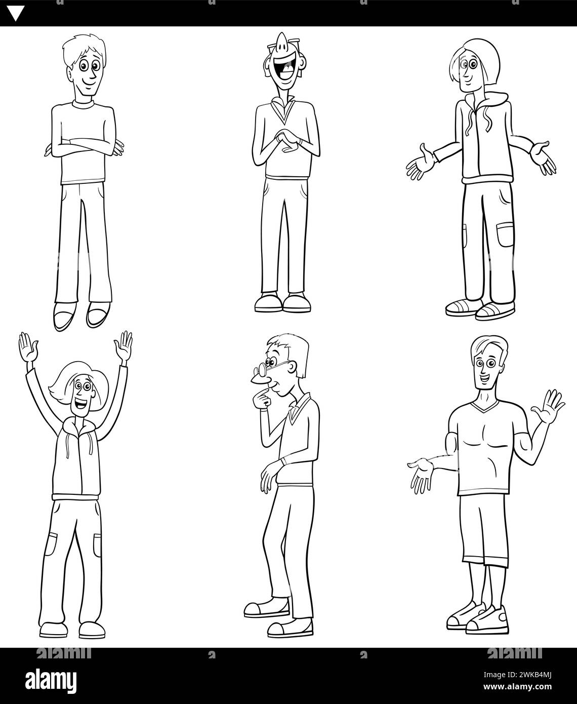 Cartoon illustration of funny young men comic characters set coloring page Stock Vector