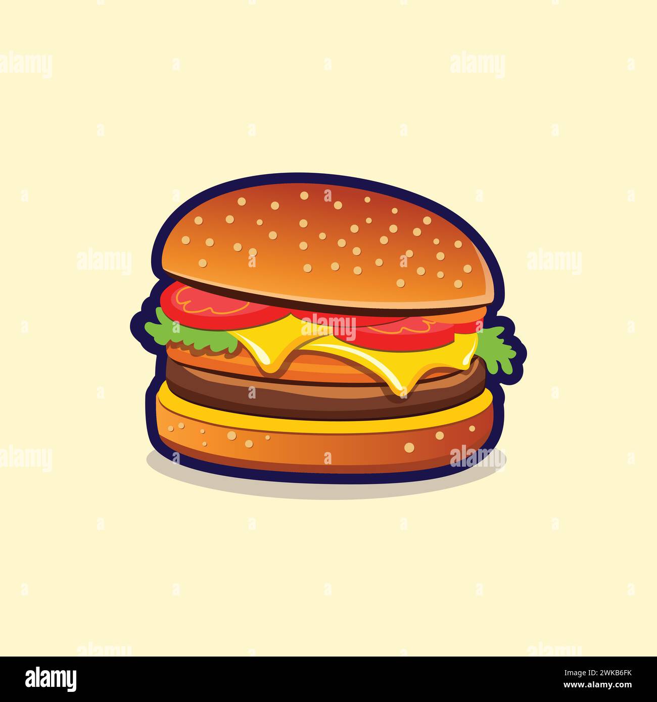 Cartoon cheese Burger vector illustration isolated on yellow background. Flat style Fast food clip art. Restaurant food menu sign and symbol. Western, Stock Vector